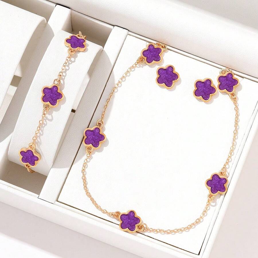 Bộ trang sức cỏ ba lá tím sang trọng thanh lịch 4 món/bộ, bao gồm vòng cổ, vòng tay, hoa tai, thích hợp để đeo hàng ngày hoặc làm quà tặng lãng mạn - Màu tím - Xem 1
