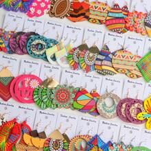 10 Pairs Boho Style Wooden Stud Earrings With Colorful Geometric Hollow Print, Suitable For Daily, Party And Gathering Wear, Random Design