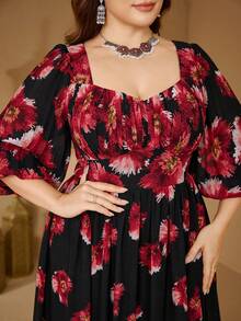 Plus Size Floral Print Lantern Sleeve Chiffon Elegant Midi Dress - Black - View 5