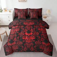 Erosebridal 7 Pcs Gothic Damask Bed In A Bag Comforter Set, Halloween Bat Bedding Sets, Victorian Floral Goth Sheet Set With Comforter, Soft Breathable Microfiber - Room Decor(Red Black)