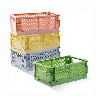 1pc Mini Pastel Slatted Storage Crate, Mini Plastic Folding Basket, Cute Colorful Mini Storage Box For Bedroom, Office, Classroom, Bathroom, Desktop Drawer