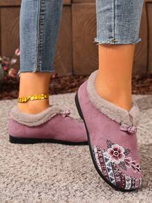 2024 Winter New Embroidered Slip-On Warm Comfortable Soft Bottom Flat Shoes For Middle-Aged And Elderly, Anti-Slip - Pink - View 5