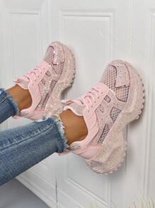 Women's Casual Sneakers With Colorblock, Breathable, Anti-Slip Sole, Rhinestone Decor, Chunky Platform, Unique Design, Versatile, Comfortable, Suitable For All Seasons, Retro College Style