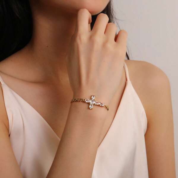 1 Piece Classic Gold Cuban Chain + Zirconia Cross Gold Bracelet