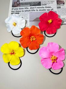 5Pcs Flower Hair Ties For Women Hawaiian Flower Hair Clips Summer Hibiscus Hair Ties Artificial Flowers For Summer Ponytail Holders Elastics Hair Accessories Vacation Party Beach Accessories, Hair Bobbles - Multicolor - View 4