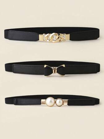 3pcs Women's Elastic Thin Waist Belt Set, Including Faux Pearl Buckle Belt, Bowknot Buckle Stretchy Belt, And Alloy Buckle Waist Belt. Suitable For Various Dresses, Sweaters And Coats Halloween Summer, School Fall, Autumn, Halloween