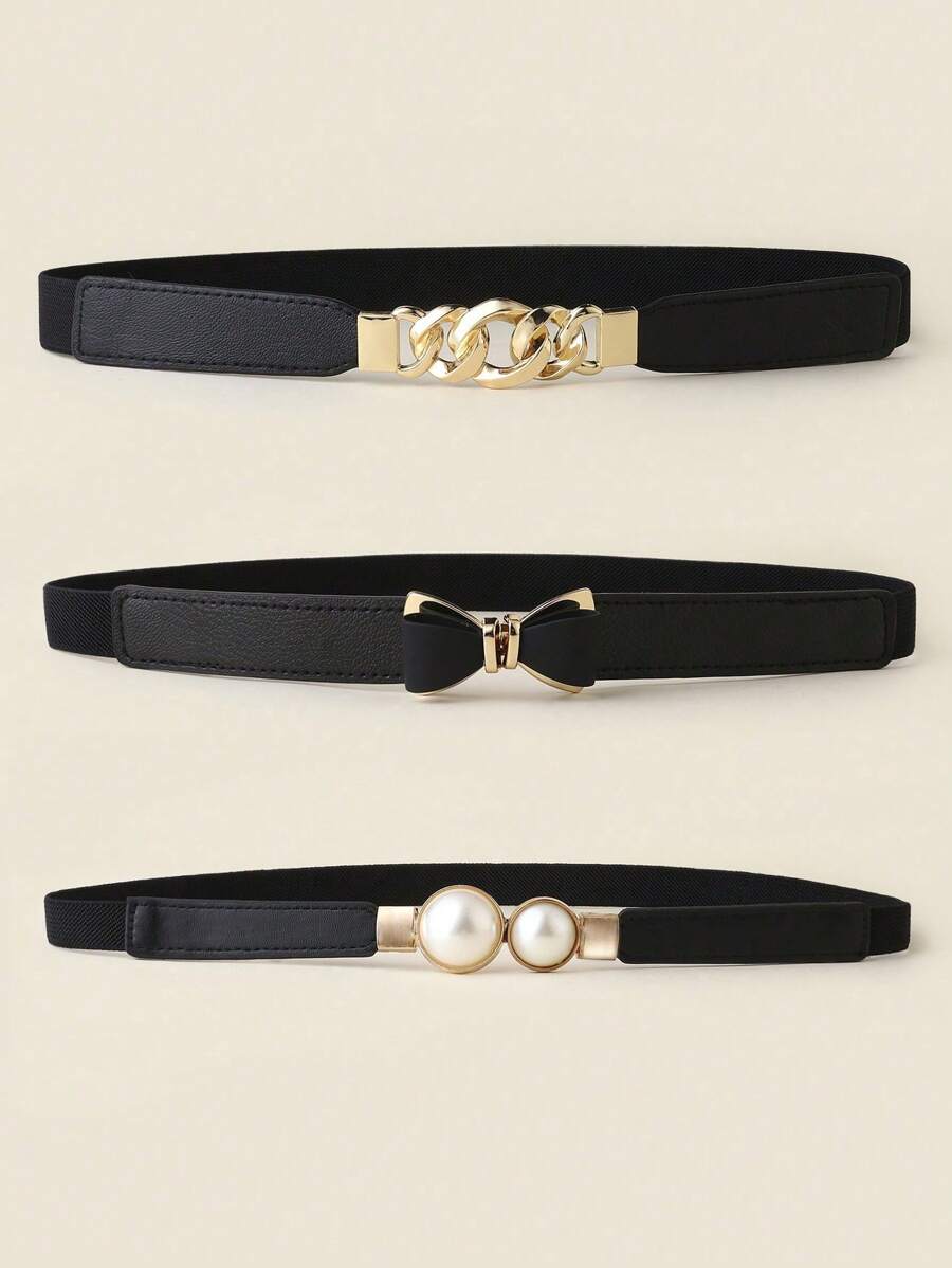 1/3pcs Women Elastic Waist Cincher, Pearl Buckle Skinny Waist Belt, Bow Tie Elastic Waistband, Fashion Versatile Waist Belt For Dress, Sweater, Jacket, Women Alloy Buckle Waist Belt