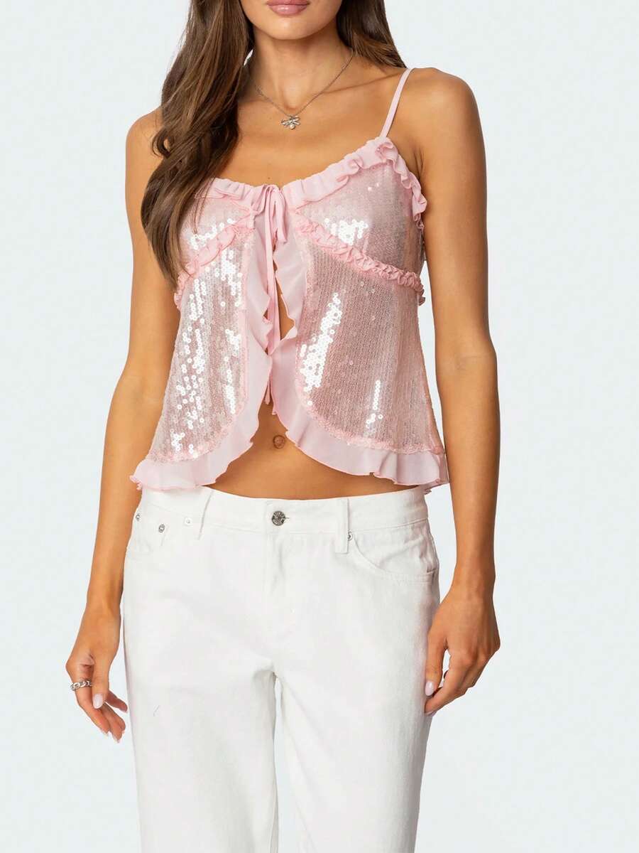 Women Y2k Sequin Cami Top Sparkly Sleeveless Backless Halter Top Summer Night Out Top Glitter Camisole Clubwear - 粉色 - 查看 1