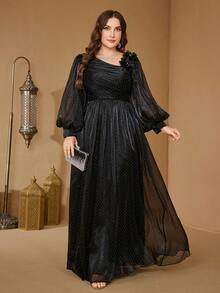 SUPGIR [Random Cut] Elegant Sweetheart Neck Ruffle Sleeve Sequin Embroidered Floral Maxi Formal Dress - Black - View 5