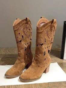 Autumn And Winter Hollow Embroidery Western Cowboy Boots Retro Style High Heel Thick Heel Mid-Calf Boots Women'S Long Boots