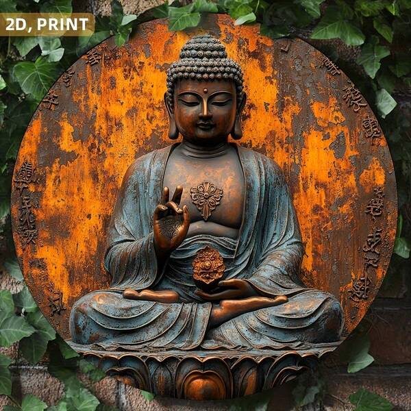 1 Pc 2D Flat Vintage Buddha Wall Decor, Round Metal Sign, Design Decoration, Peaceful Home And Office Decor, Perfect Gift For Family And Friends, Zen Interior, Random Mounting Holes