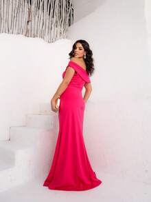 Long Sleeve Mule Dress With Front Slit - Party / Bridesmaid / Wedding / Graduation / Civil Bride - 玫紅色 - 查看 4