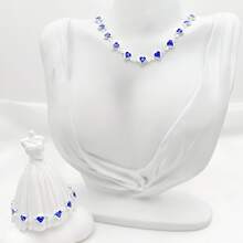 Women's Colorful Heart Necklace + Bracelet And Earrings Set In 925 Silver Plated - Dark Blue - View 2