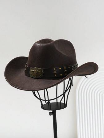 1 件男女通用 PU 皮革西部牛仔帽，配有金属牛铆钉腰带配饰，适合派对、西部主题活动、聚会、角色扮演、毕业典礼、化妆舞会、节日、音乐节