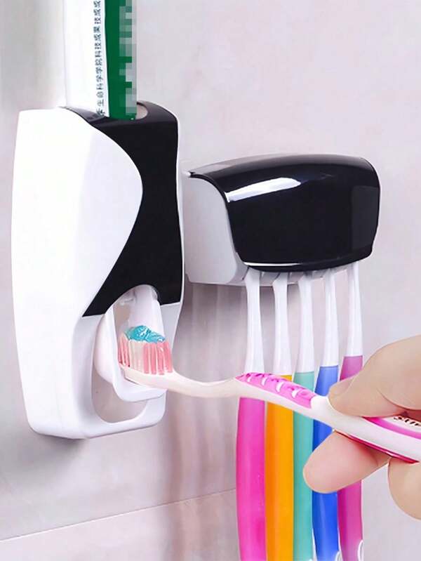 Set de 2 piezas Soporte para cepillo de dientes y dispensador de pasta de dientes montado en la pared - a prueba de polvo, de material plástico, organizador de baño ahorra espacio, estante de almacenamiento de cepillos de dientes negro de 5 agujeros sin perforación con tapa, accesorios de baño, accesorios de baño de vuelta al colegio