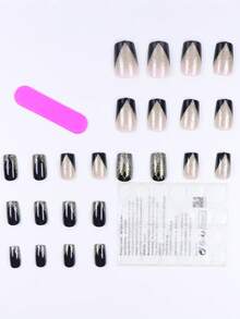 Bộ 24 miếng dán móng tay hình hạnh nhân màu đen tuyền cổ điển, bao gồm 1 miếng dán móng tay gel kim tuyến vàng, 1 dũa móng và bộ dán móng, thích hợp cho các bạn gái, các bà mẹ, phụ nữ, có thể dùng làm quà tặng hoặc bán sỉ dụng cụ làm móng. Bộ dụng cụ làm móng trắng sáng với móng giả có thể tháo rời, thích hợp cho các dịp lễ, tiệc tùng, hẹn hò và sử dụng hàng ngày. - màu đen - Xem 3