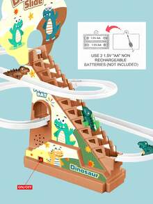 恐龙过山车玩具、恐龙爬梯音乐玩具、恐龙赛道、电动赛道游戏自动攀爬器、带恐龙迷你车的爬梯玩具、圣诞节、万圣节和新年礼物（不含电池） - 彩色 - 查看 3