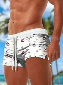 Men's Anchor Print Drawstring Swimming Trunks - Stretchy Fabric, White With Red & Blue Anchor Design, Suitable For Summer Beach And Swimming Pool