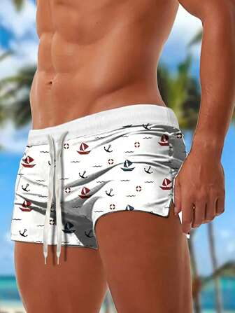 Shorts de baño de hombre con cordón y estampado de ancla - Tela elástica, blanco con diseño de ancla roja y azul, adecuados para playa y piscina en verano
