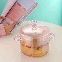 1 Casseruola in vetro a forma di cuore sfumato da 50 once (1,5 litri), con coperchio, adatta per pasta, salse, porridge, ramen, zuppe e insalate. La forma a cuore sfumata in rosa aggiunge un tocco romantico e accattivante, perfetta per l'uso quotidiano