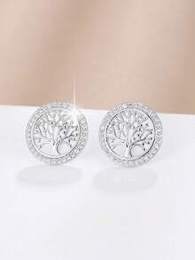 1pair Classic Round Hoop Earrings With Tree Shaped Zirconia Inlay, Suitable For Women's Daily Wear - Gold - View 4