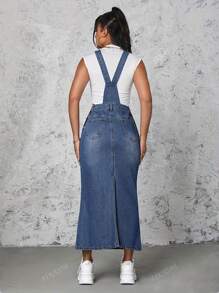 Women Casual Denim Strap Dress, Loose Comfortable Multifunctional Long Dress With Multiple Buttons And Detachable Straps, Versatile And Slimming