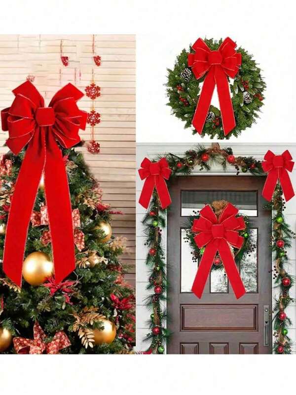 1pc Red Christmas Bow Outdoor Decor, Christmas Tree Hat Bow, Velvet Wreath Bow Christmas Home Front Door Decor, Scene Decor, Holiday Decor, Room Decor, Home Decor, Office Decor, Theme Party Decor, Christmas Decoration