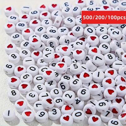 500/200/100 件 4 * 7 毫米红色心形珠+数字珠混合设计，可用作情侣手链、DIY 珠宝手链配饰
