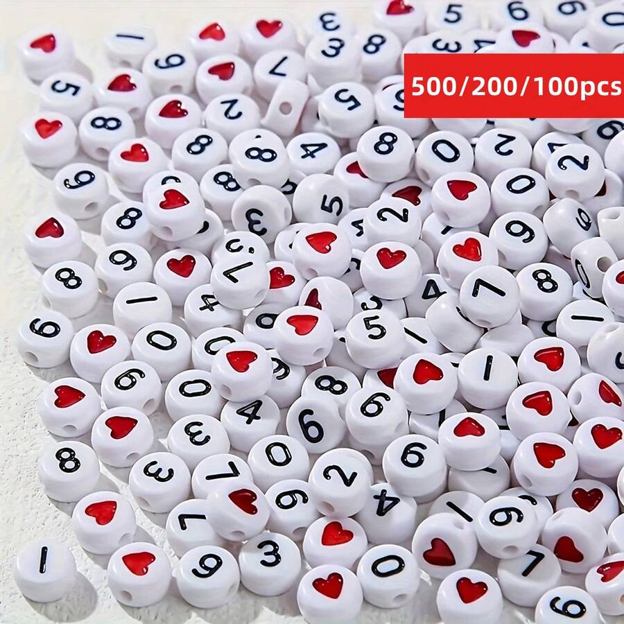 500/200/100 件 4 * 7 毫米红色心形珠+数字珠混合设计，可用作情侣手链、DIY 珠宝手链配饰 - 彩色 - 查看 1