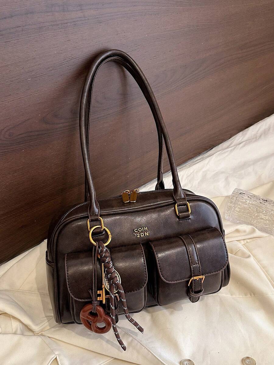 Large Capacity Versatile PU Tote Bag, Simple Fashionable Office Lady One Shoulder Bags, Multiple Pockets Solid Color Personalized Women Handbag - Coffee Brown - View 1