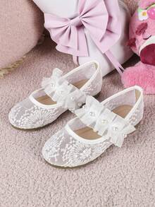 1 Pair Flower Decorated Princess Flat Canvas Shoes For Girls, Comfortable Student Outdoor/Dance Shoes, Lace White Wedding Shoes - White - View 7