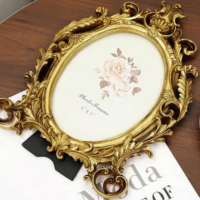 Cornice retrò in resina con fiori dorati e preziosi, con vetro, cornice fotografica retrò, adatta per decorazione di uffici domestici | decorazione centrale del tavolo da pranzo, piante di olivo, matrimoni, soggiorni, librerie, uffici, case moderne, passaggi di ingresso, console