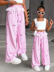时尚甜美女孩休闲简约条纹蝴蝶结阔腿裤，蕾丝腰设计，适合春秋夏季户外穿着、聚会、校园、女孩日常穿着 - 粉色 - 查看 4