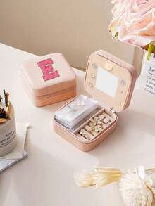 1pc26 Letter Zipper With Mirror Jewelry Storage Box, Small PU Leather Travel Jewelry Storage Box, Collectible Jewelry Box, Ring Storage Box, Pendant Storage Box, Earring Storage Box, Necklace Storage Box, Bracelet Jewelry Box, Wedding Ring Box - Multicolor - View 6