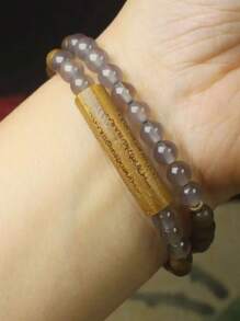1pc Multi-Layer Wrapped Green Sandalwood, Gray Crystal Carved Text Beaded Bracelet For Women, Vintage Bohemian Elegant Fashion Accessory For Daily, Party, Vacation, Prayer, Meditation Wear
