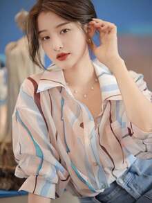 YUXIN 宽松抽象印花长袖翻领衬衫，独特设计，四季皆宜 - 彩色 - 查看 5