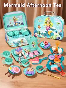 1 Set Mermaid Theme Pretend Play Tea Party Set, Including Realistic Desserts, Cakes, Coffee And Tea Service, Kitchen Play Toys Gift Set For Girls - Afternoon Tea Set - View 3