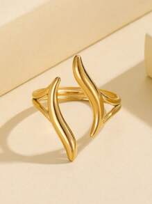 1pc Minimalist Geometric Line Cut-Out 18K Gold Plated Stainless Steel Ring, Versatile Metal Smooth Band Jewelry For Women, Waterproof For Daily Wear