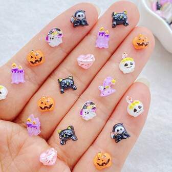 40/80 件多色树脂可爱迷你卡通万圣节装饰品 - 幽灵、黑猫、南瓜、心形、骷髅蜡烛 | DIY 平背美甲装饰、剪贴簿、万圣节动物主题工艺品