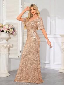 hezixi Solid Color Romantic Party Sequin Patchwork Zipper Slit Evening Party Wedding Anniversary Graduation Party Music Festival Holiday Cocktail Wedding Guest Graduation Ball Mixed Sequin Tassel, Elegant - Champagne - View 4