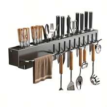 Wandmontierter Messerhalter & Utensilien Organizer - platzsparender Küchen-Aufbewahrungsständer mit Haken für Messer, Schneidbretter, Spatel, Schneebesen und Kochutensilien - stabiles schwarzes Metall, modernes Design, hält Arbeitsplatte aufgeräumt und effizient | Zeitgenössische Heimdekoration | Sicher an der Wand montiert, Küchen-Aufbewahrung & Organizer-Tool
