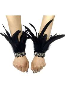 1 Pair Feather & Pearl Cuff Fingerless Gloves, European Style Bracelet Sleeves Costume Accessories Suitable For Halloween, Carnival Events