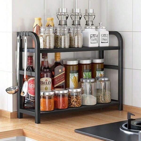 1 pieza Estantería de cocina de 2 niveles en estilo escandinavo de 30*14*42cm - Estante de almacenamiento de madera y hierro para platos, ollas, especias y verduras | Liberación del mostrador para espacios pequeños | Diseño estable sin necesidad de taladrar