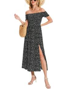 Vestido largo casual y suelto para mujer estilo boho de verano con hombros descubiertos y mangas de campana - Rosa - Ver 8