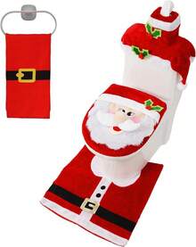 Decoración de baño temática navideña, juego de 5 piezas que incluye funda para asiento de inodoro, alfombra, funda para tanque, funda para portarrollos de papel higiénico y toalla de Santa - Papá Noel - Ver 12