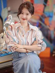 YUXIN 宽松抽象印花长袖翻领衬衫，独特设计，四季皆宜 - 彩色 - 查看 4