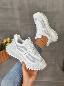 Women's Colorblock Mesh Breathable Anti-Slip Rhinestone Platform Cleated Sole Sneakers, Unique Design Element, Casual Sports Shoes, Fashion & Comfortable, Versatile, Suitable For All Seasons, Retro Sporty Style