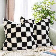 Pack Of 2 Decorative Throw Pillow Covers Checkerboard Luxury Soft Faux Fur Wool Set Cushion Couch Sofa Bedroom 16 X 16-Inch Black, Modern, - Sage Green - 查看 7