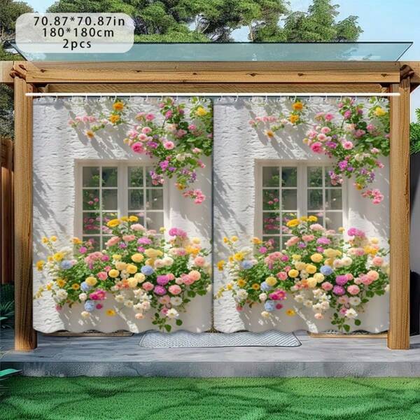 1 Stück/2 Stücke Außengardine, geeignet für Frühlings- und Sommer-Dekoration, Blumenmuster, Fenster, Durchgang, Sonnenschutz, Garage, Terrasse, Garten, Innenbereich, Hintergrund und Festdekoration, einsetzbar für Außengarten, Veranda, Terrasse, japanischer Stil