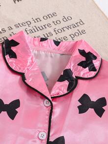Conjunto de 2 piezas para bebé niña con pantalón corto y blusa de manga corta con estampado de moño, para primavera/verano - Rosa Roja - Ver 4